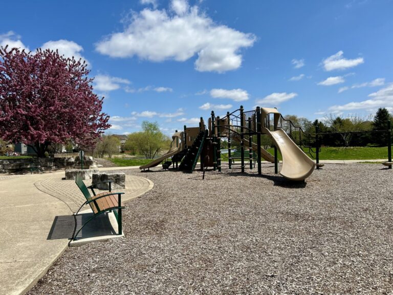 a playground with slides, monkey bars and benches